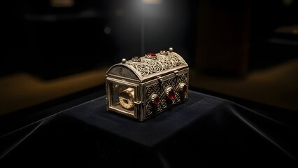 Moody still life of religious relic detail, museum-style lighting