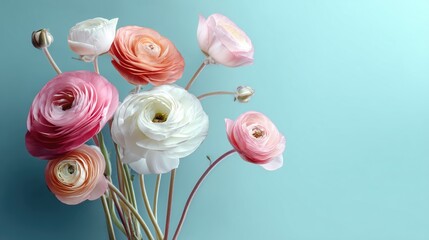 Pastel Ranunculus Bouquet With Soft Pink, Peach, And White Flowers On Turquoise Background
