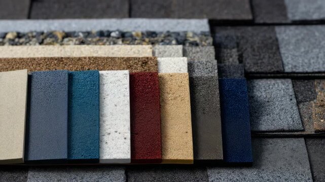 5Top view of a house roof with various shingle swatches aligned on top of existing shingles, illustrating contrast between samples and current roofing