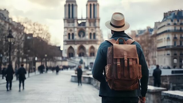 Paris, France, Europe. A man with a hat and leather backpack stands in front of the NotreDame Cathedral in Paris, France. The sky is partly cloudy, casting a soft light over the scene.