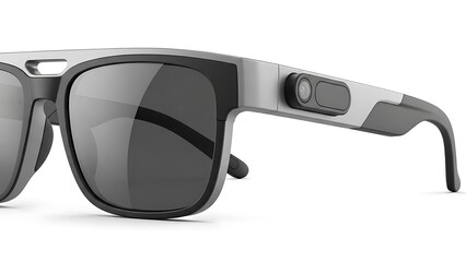 Image for advertising technological glasses, mockup for an augmented reality app, minimalist product photography, close-up of smart glasses with camera and display