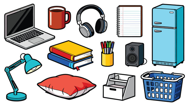 A collection of household items and office supplies neatly arranged on a plain white background
