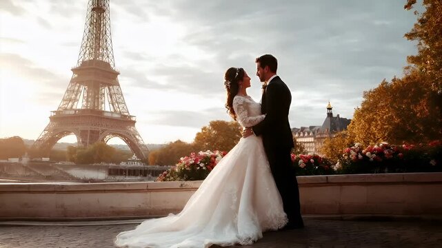 Paris, France, Europe. A wedding photograph featuring a bride and groom in front of the Eiffel Tower during sunset. The bride, in a white lace wedding gown, is captured in a candid moment.