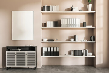 Contemporary office interior with bookshelves and cabinet, minimalist design style, beige wall background. Concept of modern workspace organization. 3D Rendering © ImageFlow