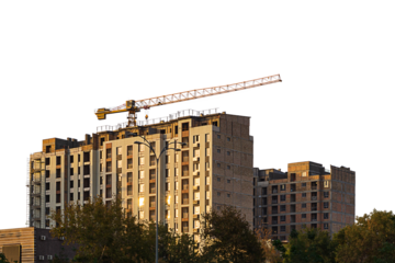 Under construction high multi-storey building with tower type construction crane isolated on transparent, white background. Blank for industry, real estate investment at stage of construction of walls