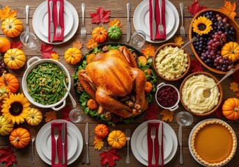 Abundant thanksgiving feast with roasted turkey and seasonal sides isolated on white background
