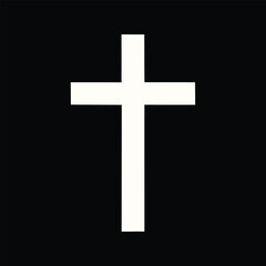 A white Christian cross symbol on a black background viewed from a straight-on perspective