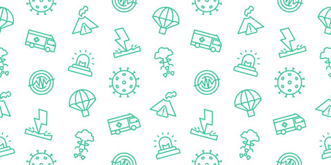Seamless emergency relief pattern with humanitarian aid icons of ambulance, rescue parachute, volcano, biohazard, and warning siren. Vector background for disaster management designs © Ydzv Dsgn