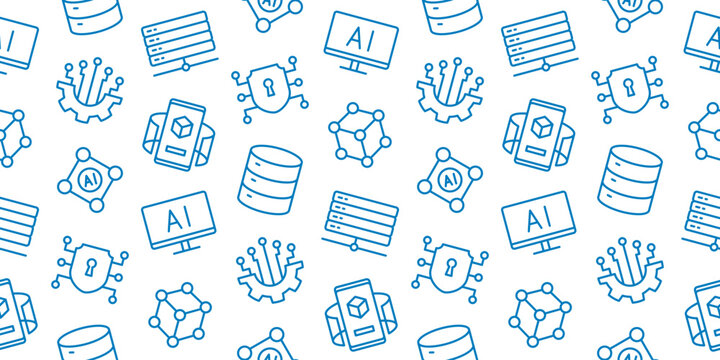 Seamless AI technology pattern with artificial intelligence, big data, machine learning, cloud computing, and cyber security icons. Vector background for digital transformation and tech design.