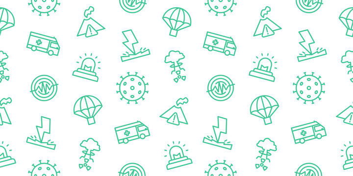 Seamless emergency relief pattern with humanitarian aid icons of ambulance, rescue parachute, volcano, biohazard, and warning siren. Vector background for disaster management designs