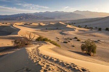 Golden sand dunes sculpted by wind patterns under a hazy sky in a vast desert landscape