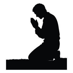 Man kneeling in prayer outdoors on grass in silhouette