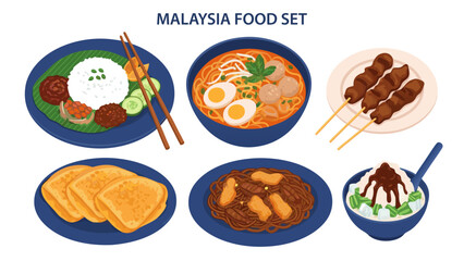 A Vector Illustration of a Malaysian Food Set featuring various dishes and desserts, perfect for culinary themes