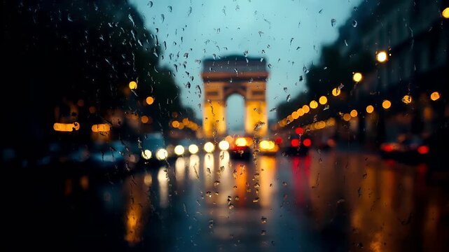 Paris, France, Europe. raindrops on a window with city lights in the background.