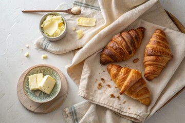 Golden brown croissants and creamy butter artfully arranged on textured linen, perfect for a delightful morning meal.