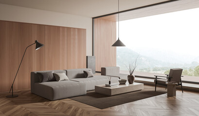 Contemporary living room interior with sleek furniture and natural wood design elements, featuring mountain view through large window, 3D Rendering