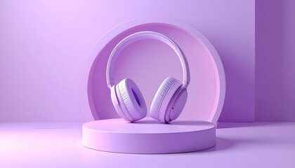 Minimalist Purple Headphones on a Matching Podium Display.