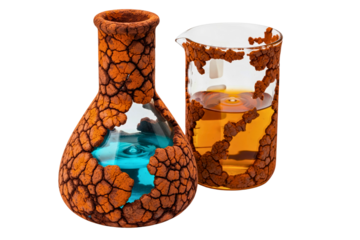 Rusted laboratory glassware containing blue and orange fluid on a transparent background
