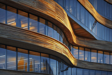 Contemporary building exterior with curved wooden facade and large glass windows reflecting light, showcasing modern architectural design with warm tones and smooth flowing lines