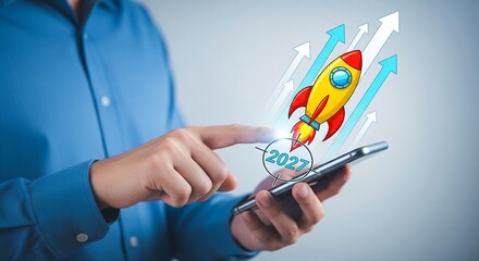 Person touching smartphone with rocket and year 2027 graphic
