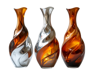  - three vases, each with unique curves and swirls, made of glass material in various colors such as brown, silver, and amber, isolated on a transparent background. More by ARNIKA ISLAM (2)