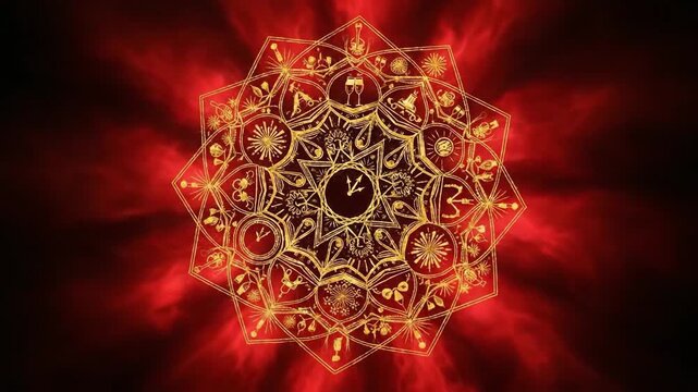 Ornate golden mandala glowing with red spiritual energy.