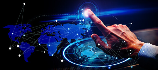 Global network connectivity and digital transformation with human interaction. A businessman touches a futuristic interface with a holographic world map and network nodes
