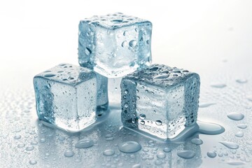 Three Clear Ice Cubes Slowly Melting and Dripping Water Droplets on a Reflective Surface