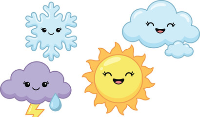 Fototapeta premium Cartoon weather icons, sun, cloud, snowflake, thunderstorm, smiling faces, kids theme, cheerful style, flat vector illustration