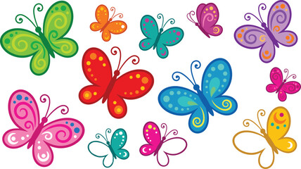 Colorful cartoon butterflies, vibrant vector insects, whimsical wing patterns, decorative butterfly design, playful children’s illustration, cheerful art, flat vector illustration © MD Tariful islam