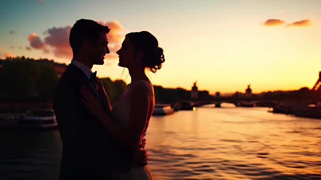 Paris, France, Europe. A silhouette of a couple during sunset near a river, with the Eiffel Tower in the background. The sky is painted in hues of orange and purple.