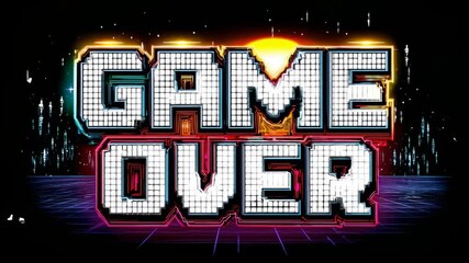 Retro pixel art game over screen with glowing text and neon sunset background in 80s arcade style design - Powered by Adobe
