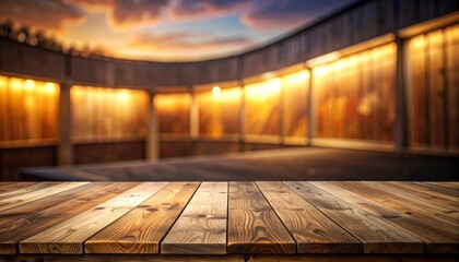Wooden table with blurred outdoor background at sunset.