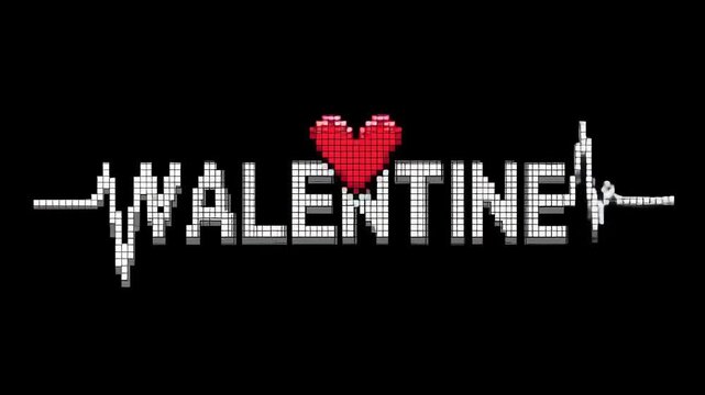 Valentine text with red heart and heartbeat line in pixel embroidery style on black background for love theme