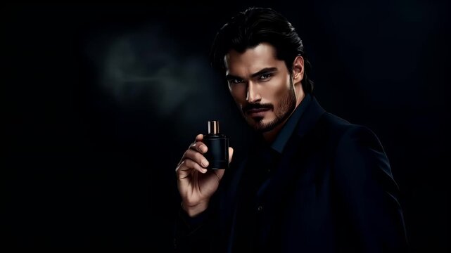 A man in a dark suit holds a perfume bottle against a dark, smoky background.