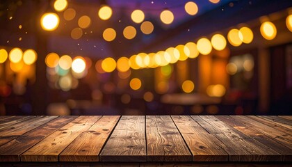 Rustic wooden table with blurred bokeh lights background.