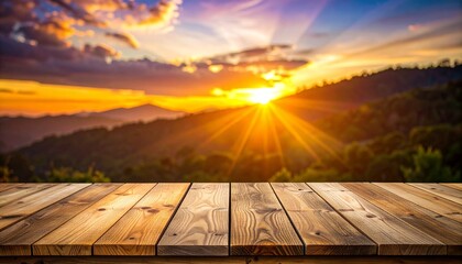 Majestic Sunset Over Mountainous Landscape with Wooden Table Foreground.