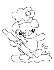 Adorable Little Pig Chef Character Holding Rolling Pin