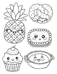 Cute Kawaii Food and Fruit Coloring Page