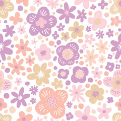 Spring gouache flowers. Seamless botanical gouache pattern in pastel colors on a white background. Cute illustration for textiles and packaging design.