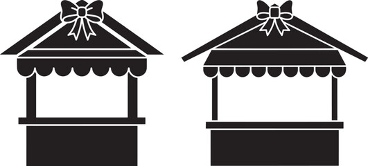 Two silhouettes of market stall with roof decoration