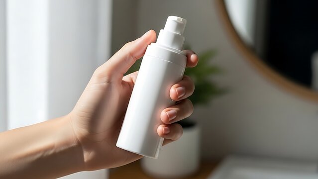 Hand holds a white cosmetic airless pump bottle in a bright bathroom setting