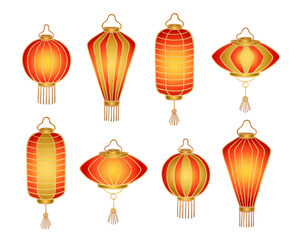 Vector cartoon Chinese lanterns set of bright red and golden colors isolated on white. Paper lanterns of different shapes. Clipart for Lantern Festival celebration, oriental holiday illustration.