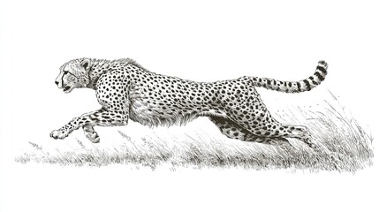 Running cheetah in engraving sketch style on white background with detailed fur and fast motion pose