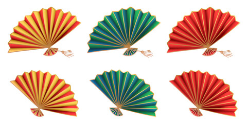 Vector cartoon Chinese folding fan set of bright green, red and yellow red colors isolated on white. Open paper hand fan with tassel. Clipart for Asian women's accessories or oriental illustration.