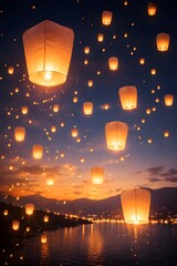 Beautiful glowing paper lanterns rising into the night sky above a calm lake at sunset, creating a magical and peaceful atmosphere. The scene represents celebration, hope, wishes, tradition.