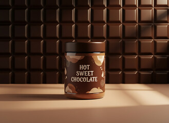 Luxury Dark Brown Glass Jar Mockup with Gold Leaf Pattern Label in Chocolate Themed and Premium Product Presentation on chocolate bar background.