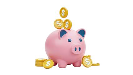 Pink Piggy Bank with Dollar Coins