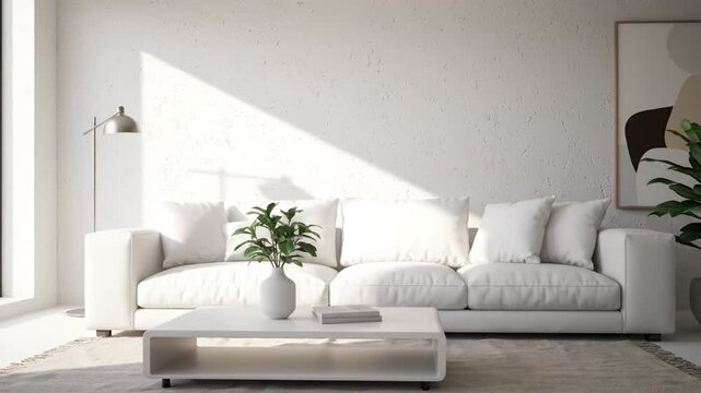 a modern living room with a white couch and natural light . use as multipurpose tittle intro, background. product mockup. motion graphics background
