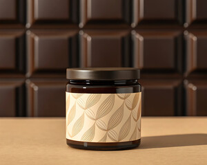 Luxury Dark Brown Glass Jar Mockup with Gold Leaf Pattern Label in Chocolate Themed and Premium Product Presentation on chocolate bar background.